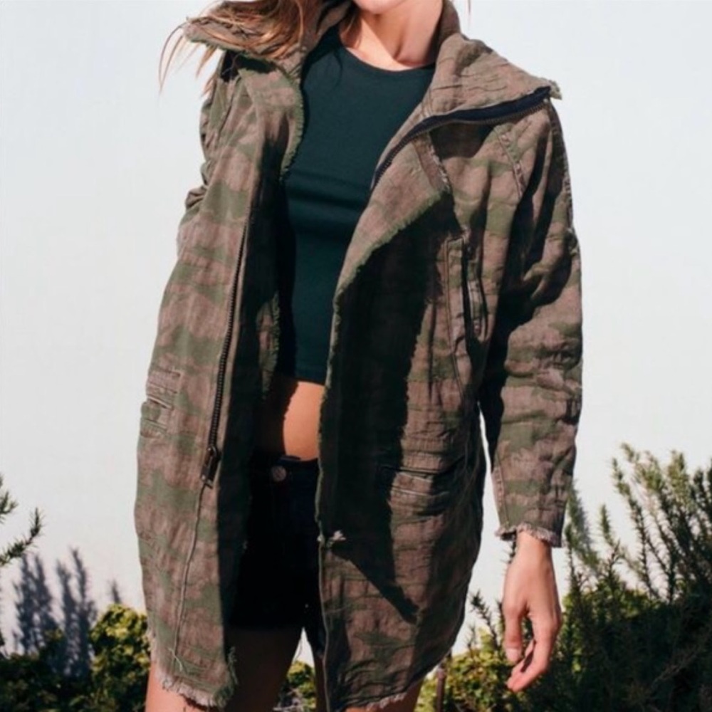 Tribe Kelley Camo Frayed Full Zip Oversized Jacket